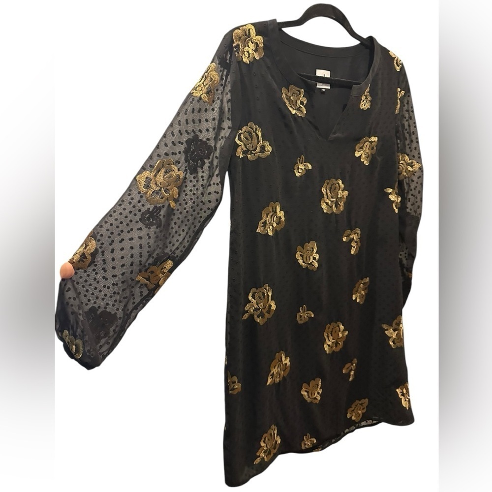 Cabi Occasion Dress in Swiss Dot Black Gold  Rose Embroidered Size XS - Picture 3 of 10